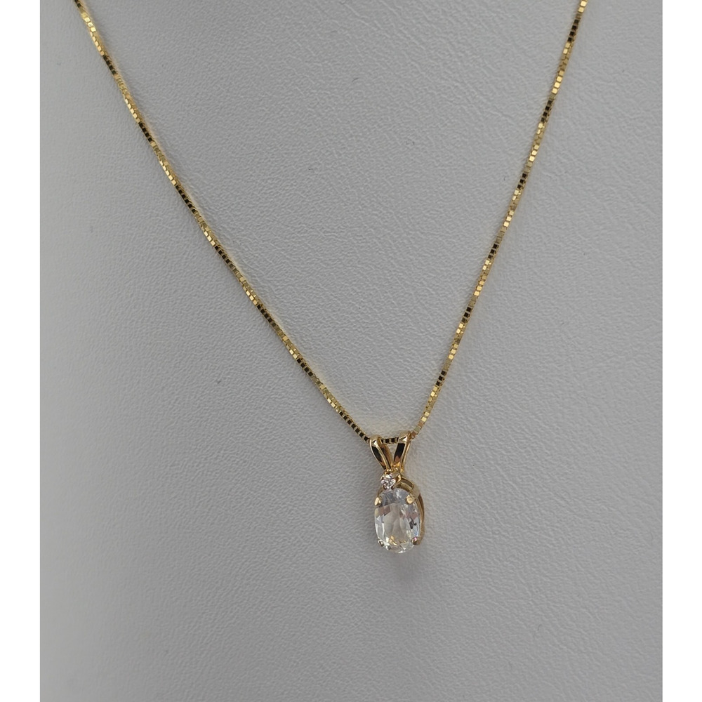 7MM Oval White Topaz, Diamond Pendant Necklace in 14K Polished Yellow Gold 18" - Picture 3 of 7